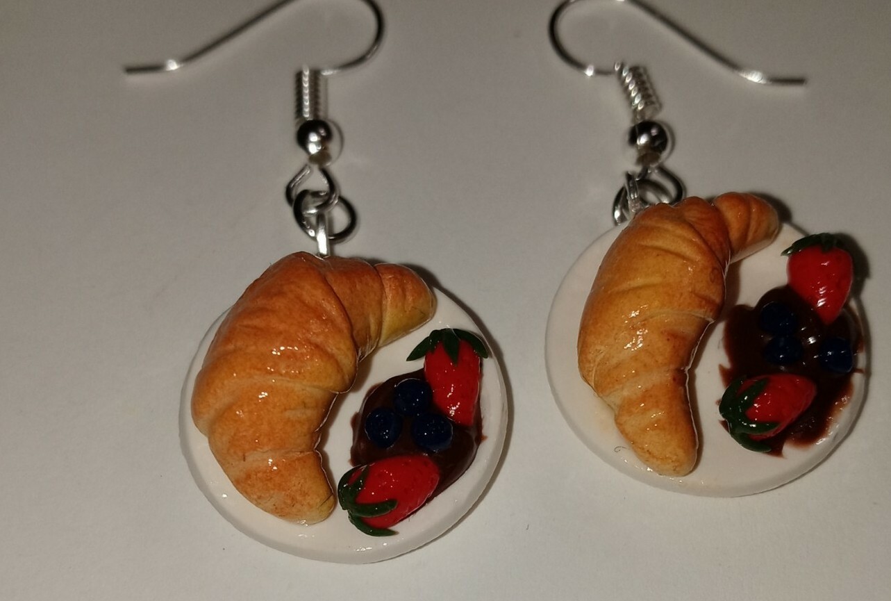 Croissant And Fruit Plate Earrings Silver Wire Bread Fruit Chocolate Dip