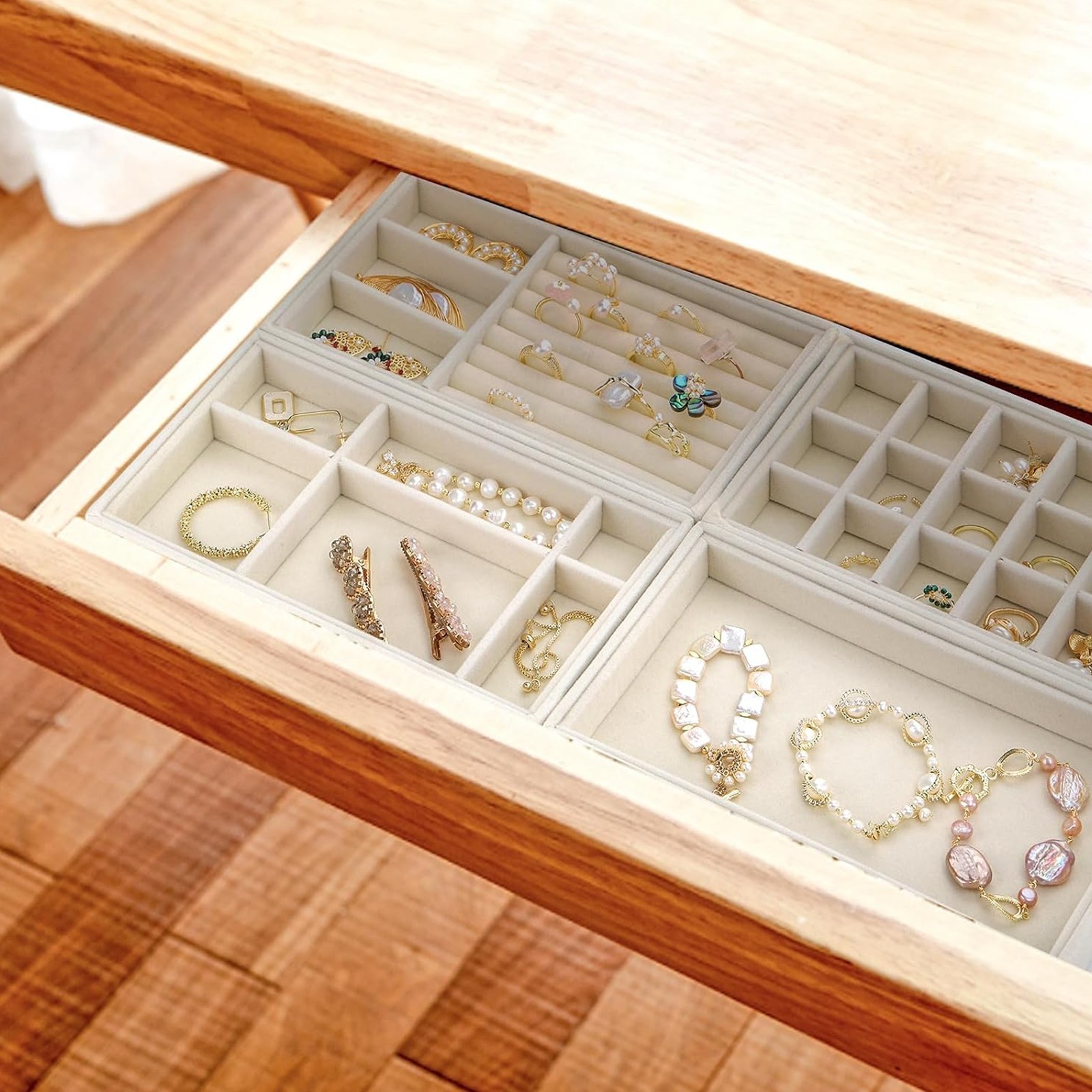 4Pc Jewelry Tray Set Drawer Organizer Stackable Ring Necklace Box