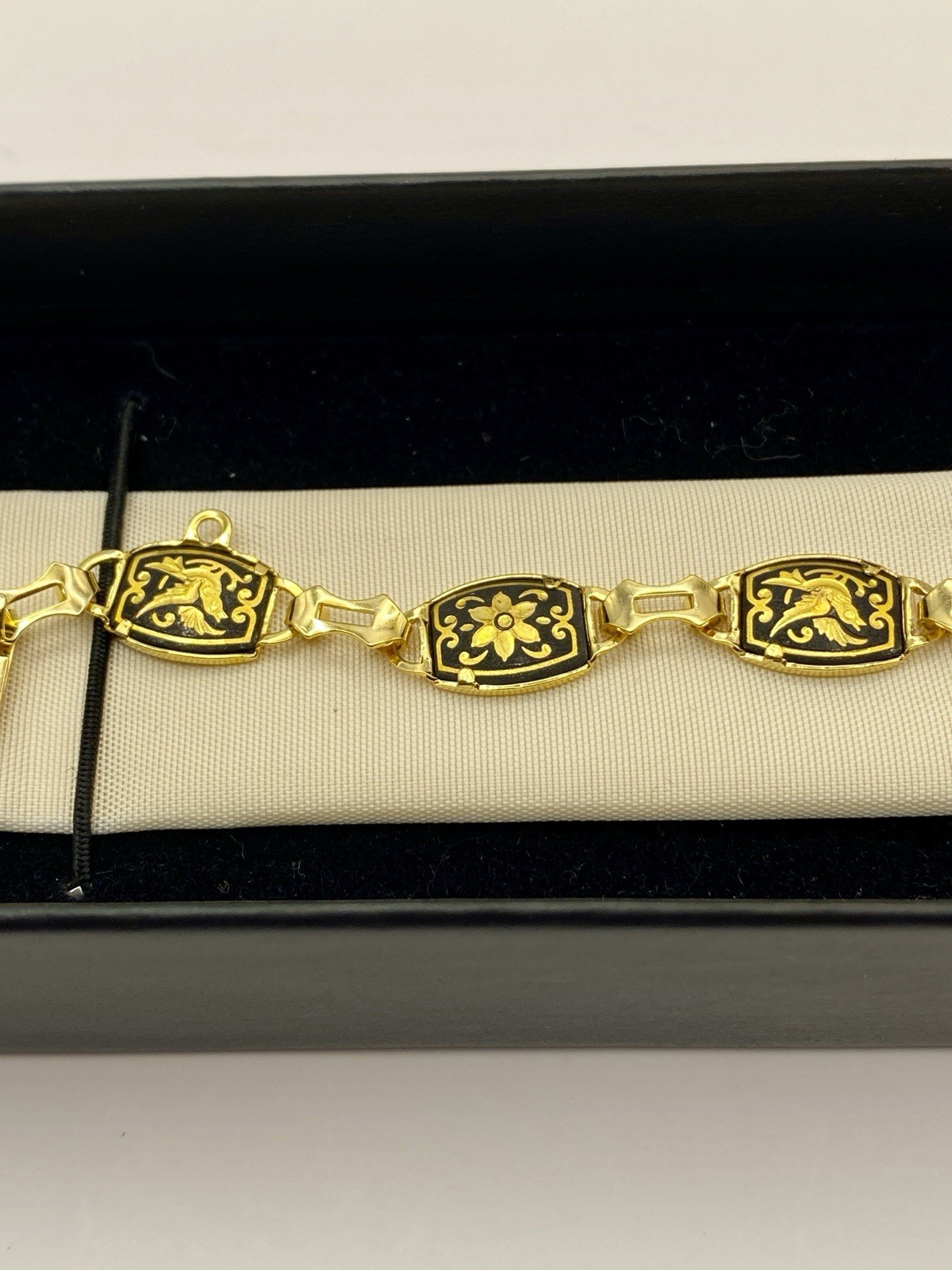 VTG Damascene BRACELET Bird Flower Toledo 7 Panel Link Safety Chain