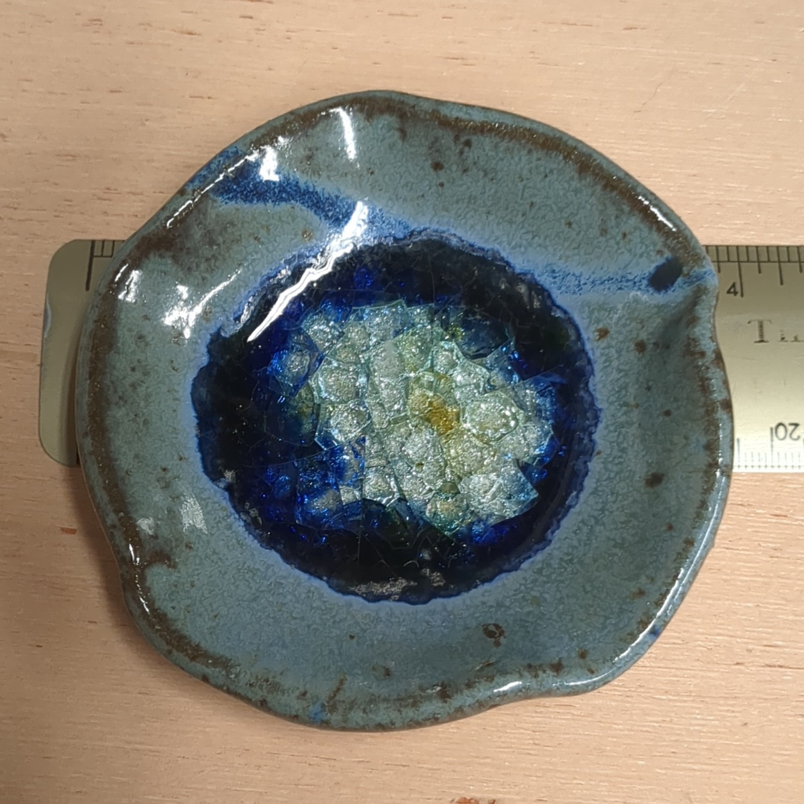 Handmade Ceramic Round Ring Jewelry Dish, Blue & Gray, Holds 3 Pieces