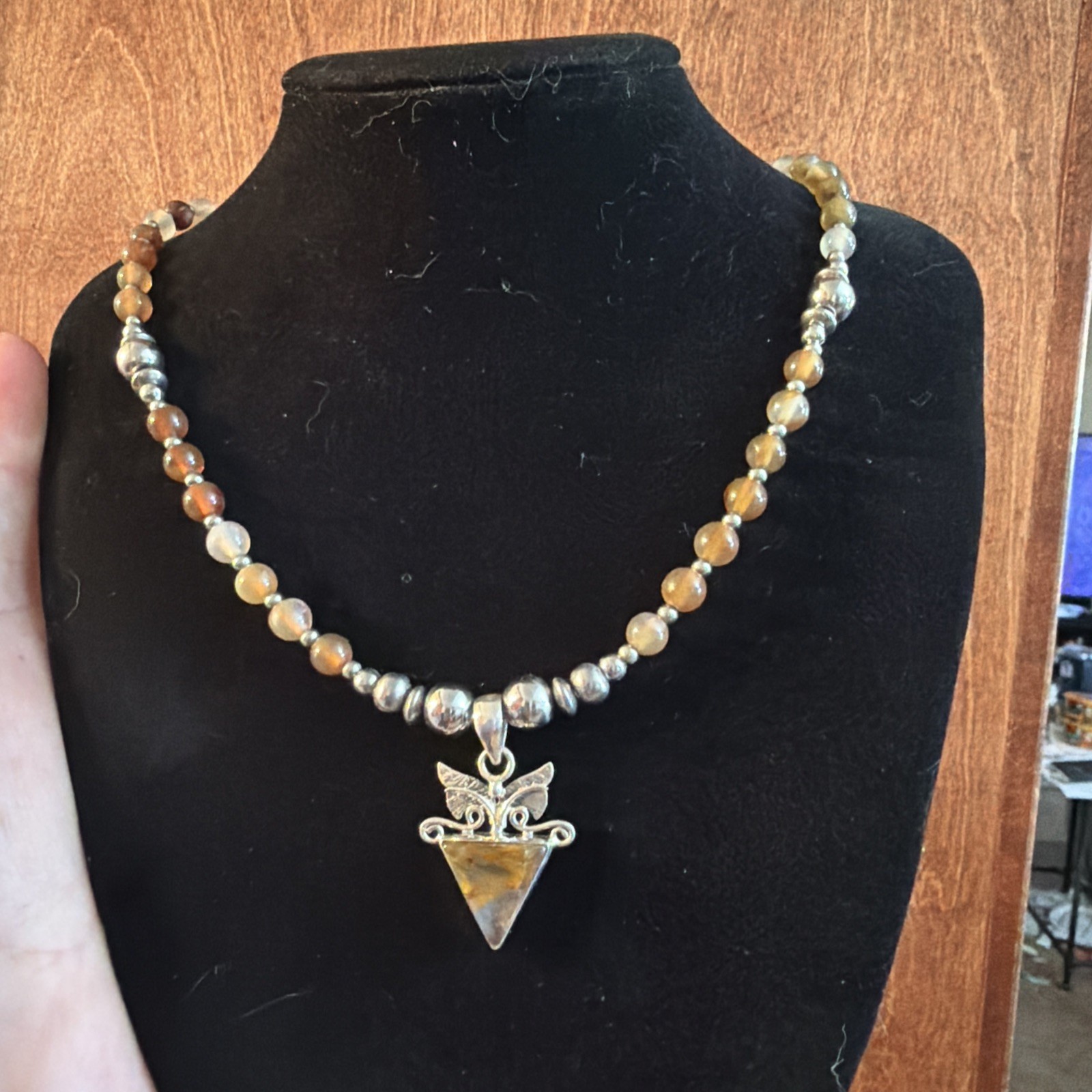 Handmade Coffee Agate Bead Necklace With Unique Sterling Silver Pendant 18-20in