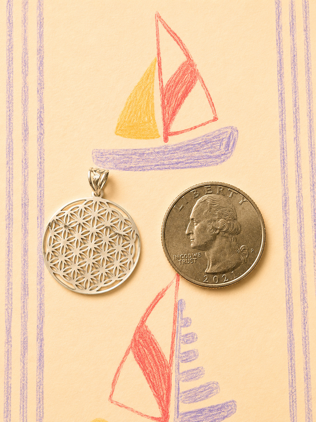 Real 14K White Gold Flower of Life Pendant Round Medallion Sacred Geometry Yoga