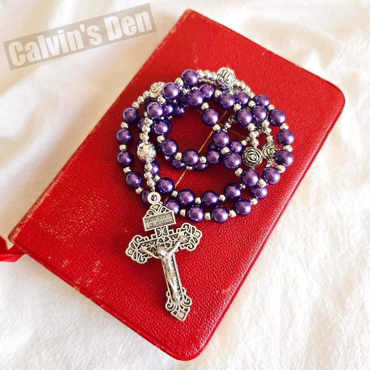 Purple Pearl Bead Rosary Necklace Miraculous Medal Rosebud Crucifix Cross Gift