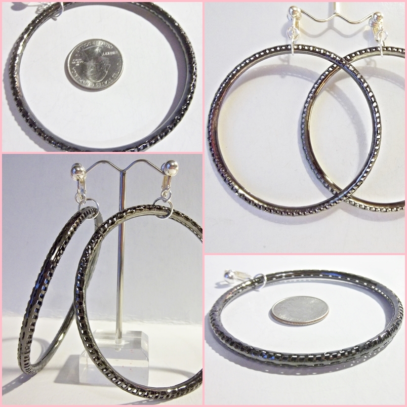 CLIP ON 3 in Dark Gray XLarge Big Hoop Fashion Non- Pierced Fashion Earrings J4