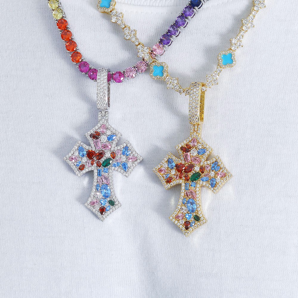 Mens Women Cross Pendant Gold Plated Colorful CZ Pendant Chain Gift Hip Hip