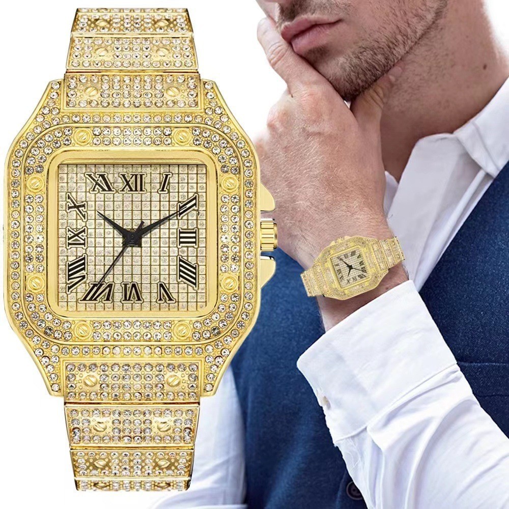 Classic Luxury Men’s Steel Strap Square Roman Scale Rhinestone Quartz Watch