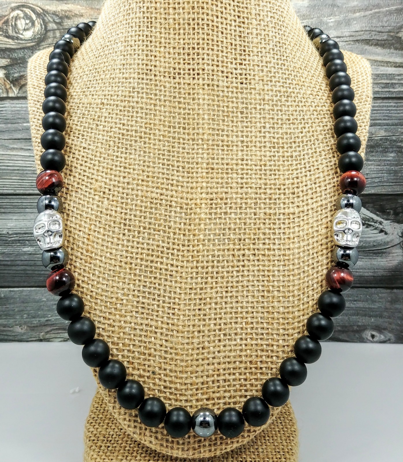 24″L STAINLESS STEEL SKULL 10mm Tigers Eye+Onyx Gemstone Beaded Stretch Necklace