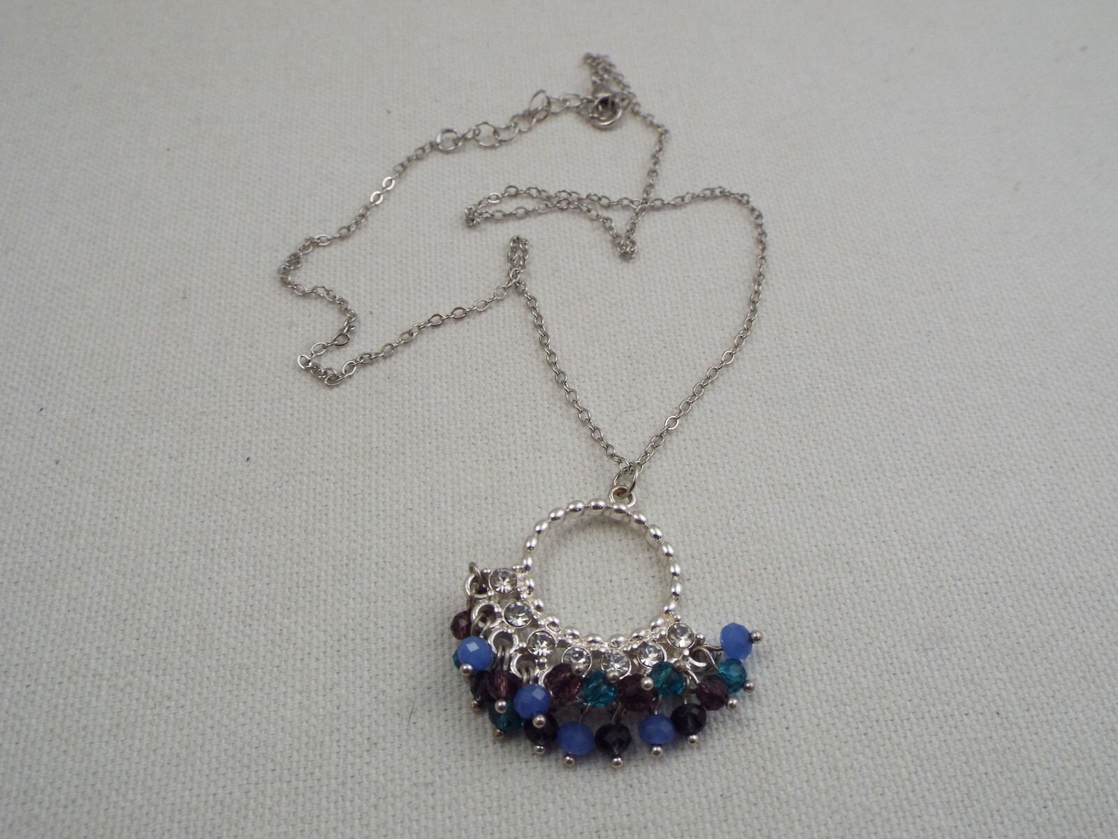 Silvertone Rhinestone Blue Bead Fringe Pendant Necklace (B43)