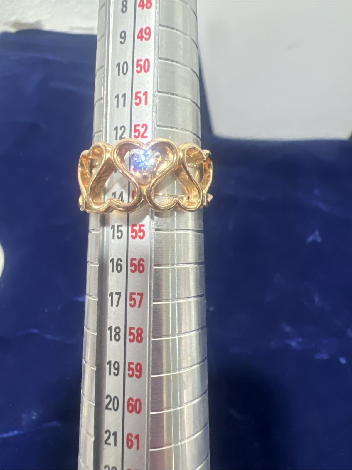 Vintage Signed Korea Size 6.5 Gold tone Crystal Linked Hearts Ring