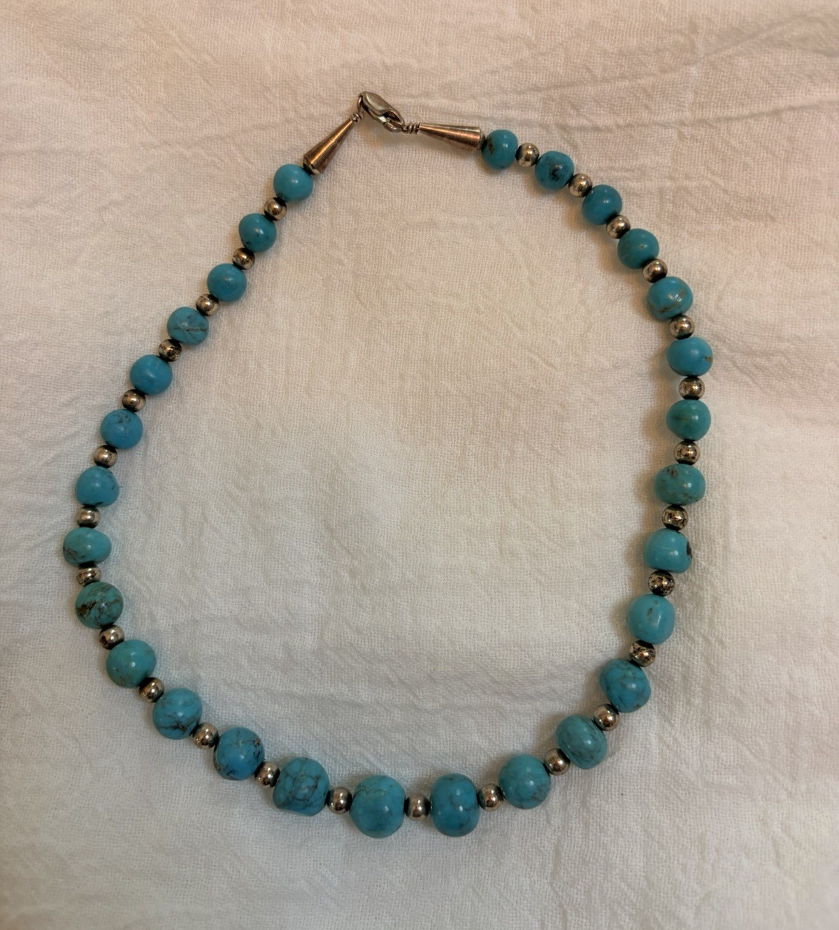 Real Turquoise Round Beaded Necklace w/ Sterling Silver Spacers & Hook Clasp