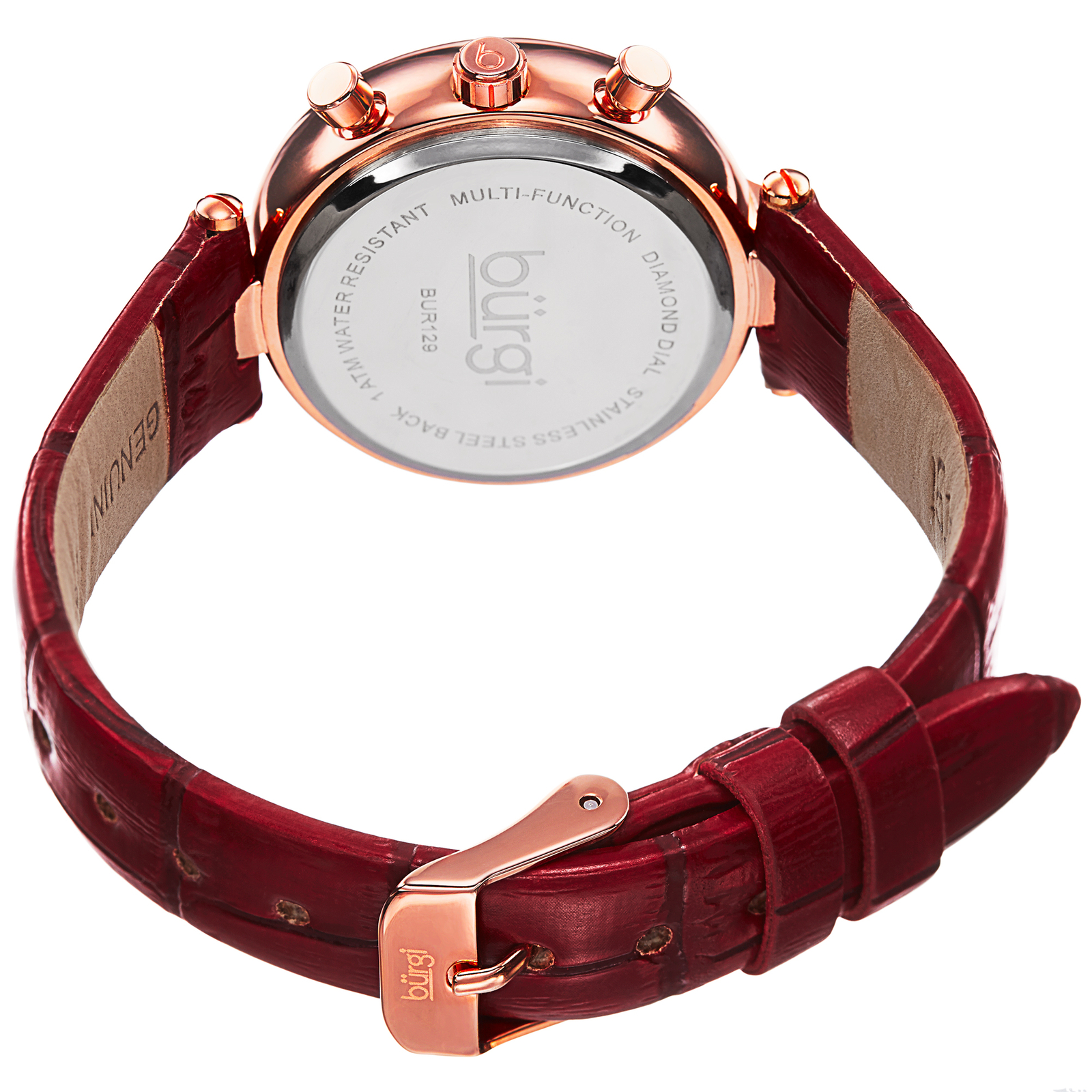 New Women’s Burgi BUR129RD Red Diamond Swiss Multifunction Leather Strap Watch