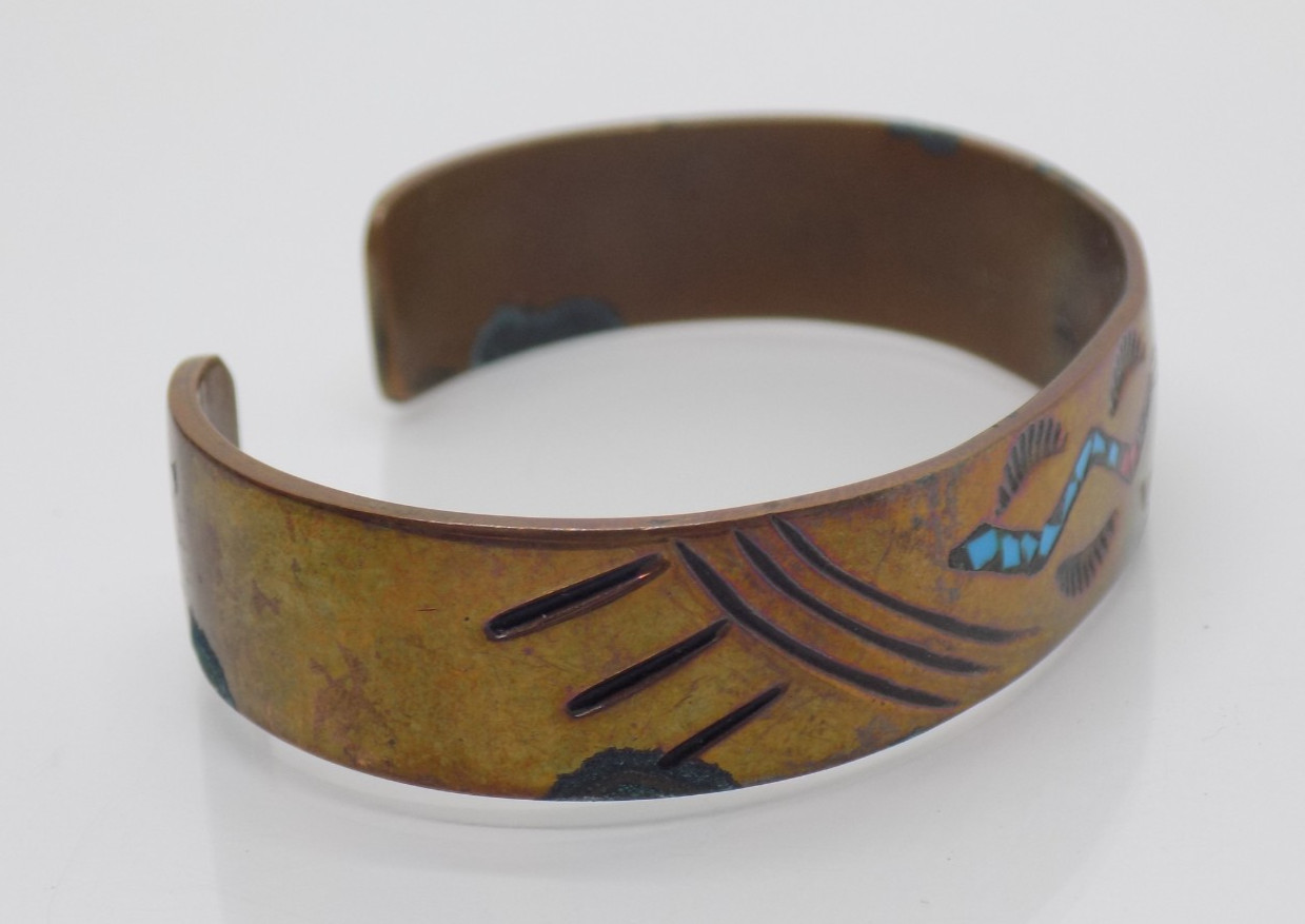 vtg Diné Navajo Willie Nezzie WN Copper Turquoise Coral Inlay Cuff Bracelet