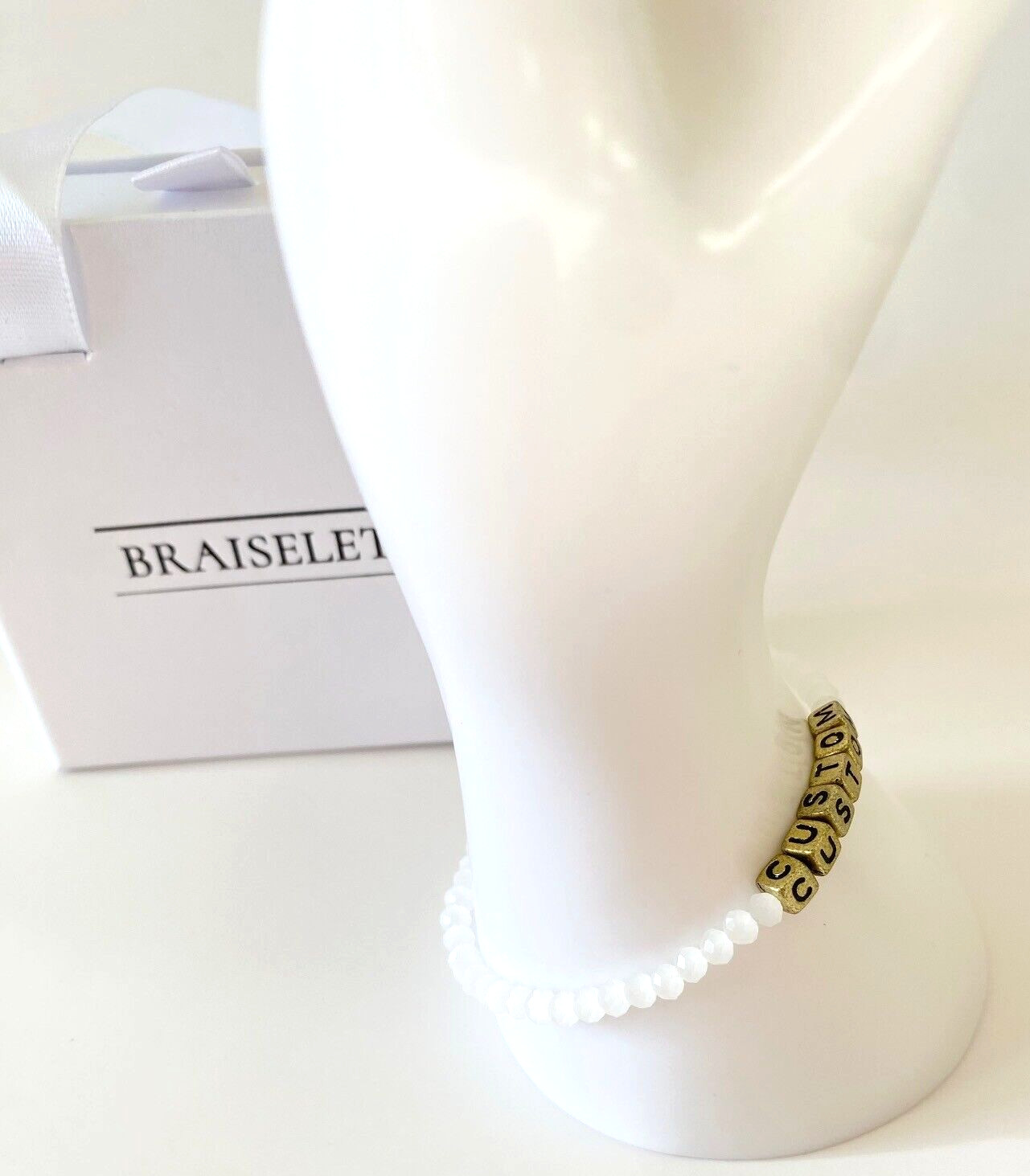 Personalized Name Bracelet 4mm White Beads Gold Letters For Women Dainty Jewelry