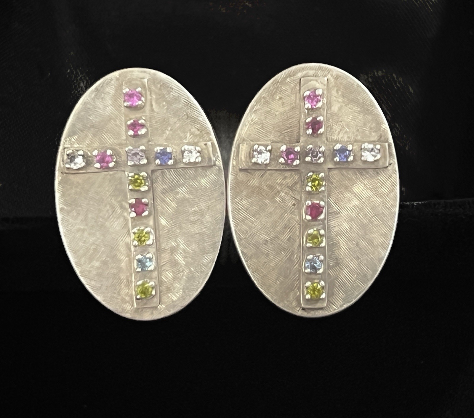 VINTAGE STERLING SILVER LARGE CUFFLINKS MULTI-STONE CROSSES DECORATION 36.3G