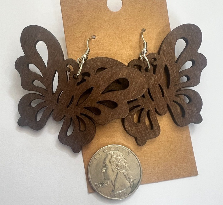 Lightweight Wood Butterfly Earrings Boho Cutout Rustic Nature Jewelry New Big