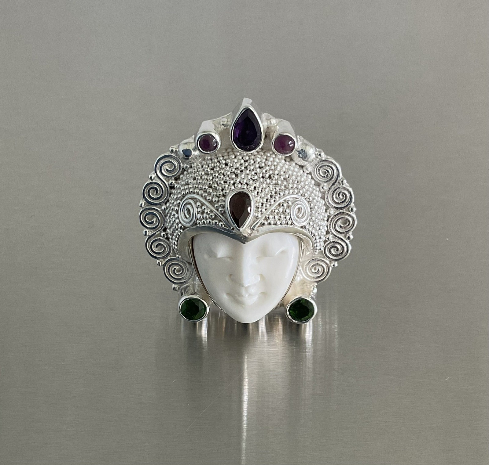 Sajen Silver Carved Goddess Ring Multi Gemstones 925 Sterling Silver Size 9