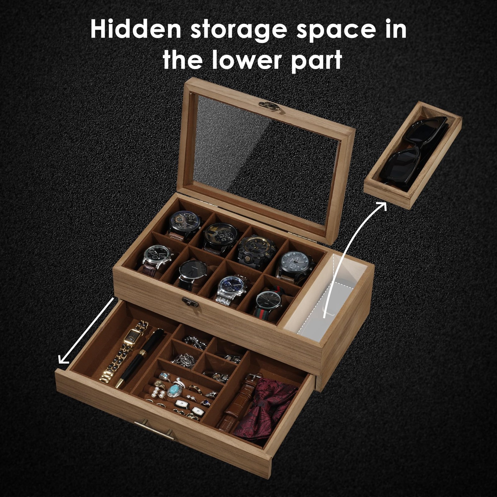 Watch Box with Tray, 2-Tier Watch Case for Large Dial Watches, 8-Slot Watch D…