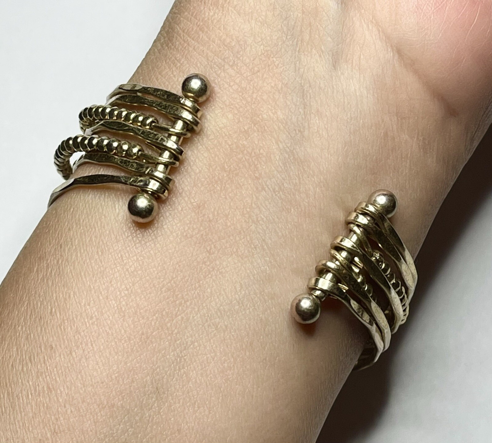 Gold Plate Various Strand Cuff Bracelet Connected With Bar Textured Solid Beaded