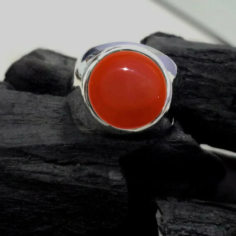 Solid 925 Sterling Silver Natural Red Carnelian Round Gemstone Men’s Unisex Ring