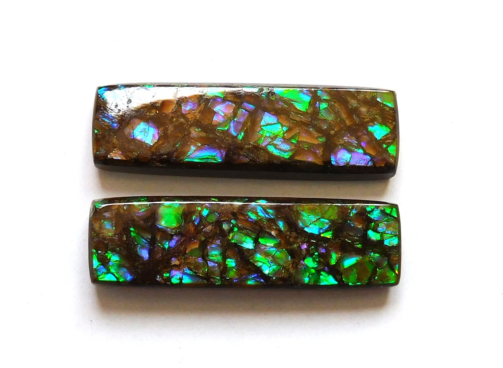 34.85 Cts Natural Ammolite (31.4mmx9.5mm each) Loose Cabochon Match Pair CE20