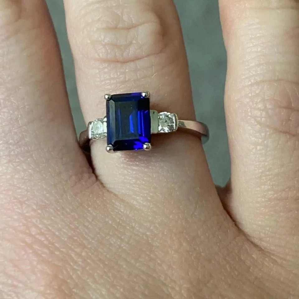 2.96 Ct Emerald Cut Blue Sapphire Diamond Wedding Ring 14K Solid White Gold