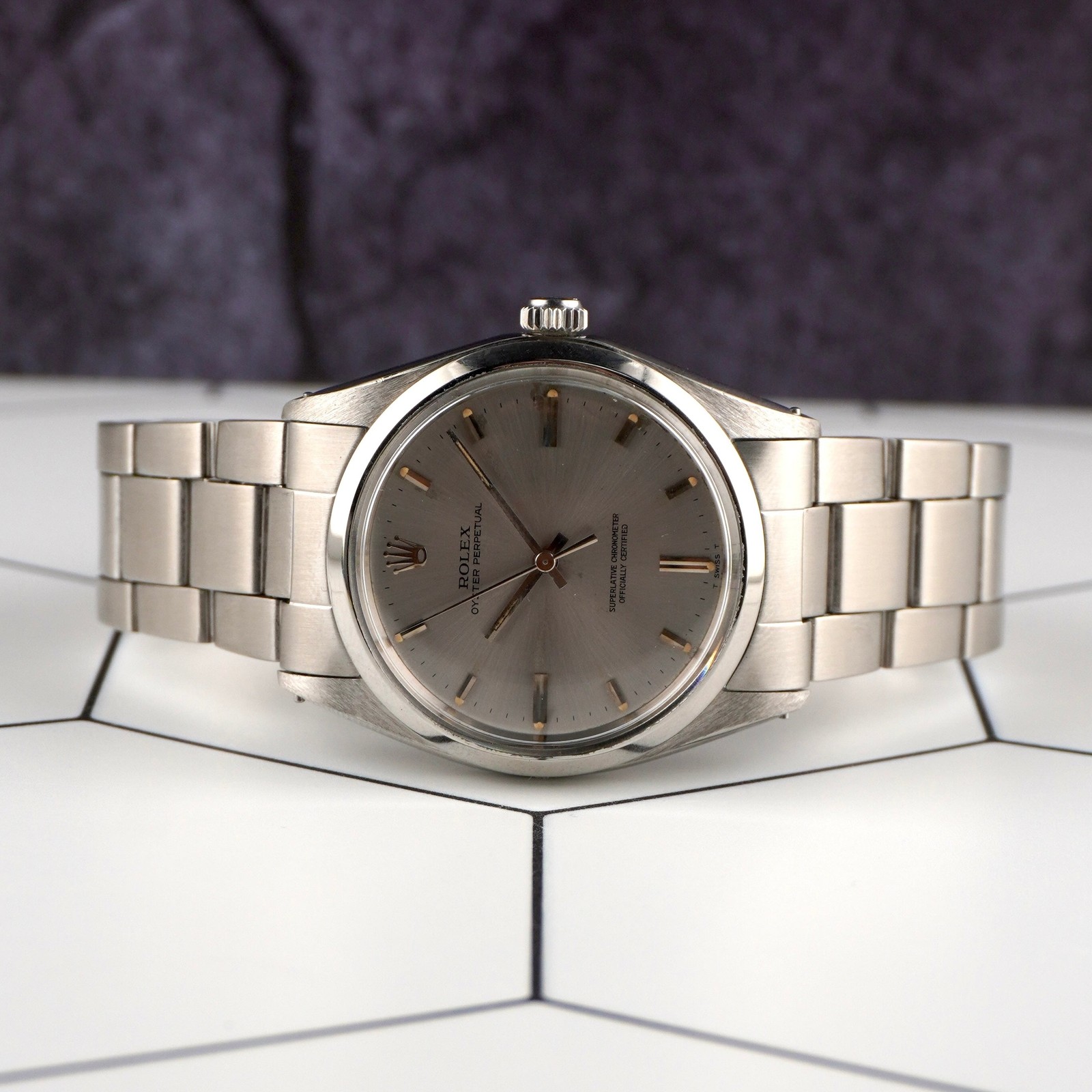 Rolex 36mm Datejust Mens Steel Engine-Turned Oyster Grey Dial Watch 1603