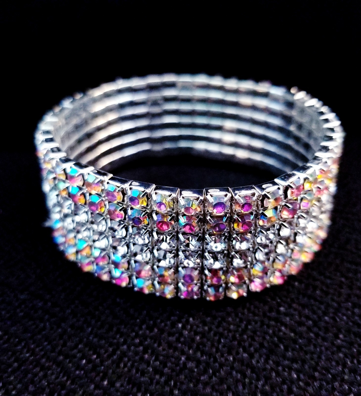 Iridescent Silver Rhinestone Stretch Bracelet Crystal Pageant Prom Drag Jewelry