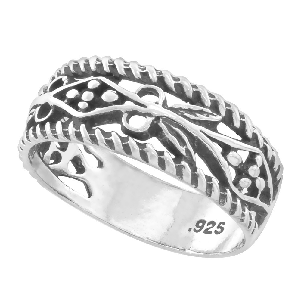 925 Sterling Silver Scrollwork Floral Design Filigree Ring 1/4 Inch (6mm) Wide