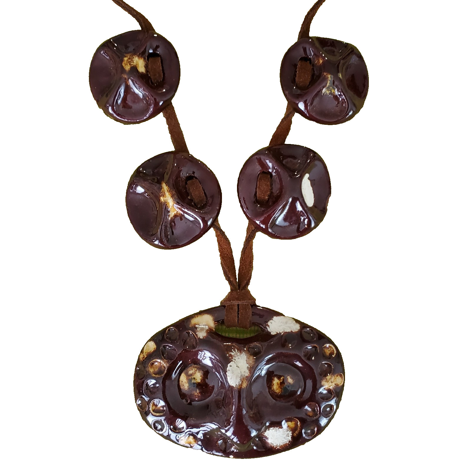 Imnuk Signed Owl Alaska Necklace Art Handcraft Ceramic Bead Leather Cord Vintage