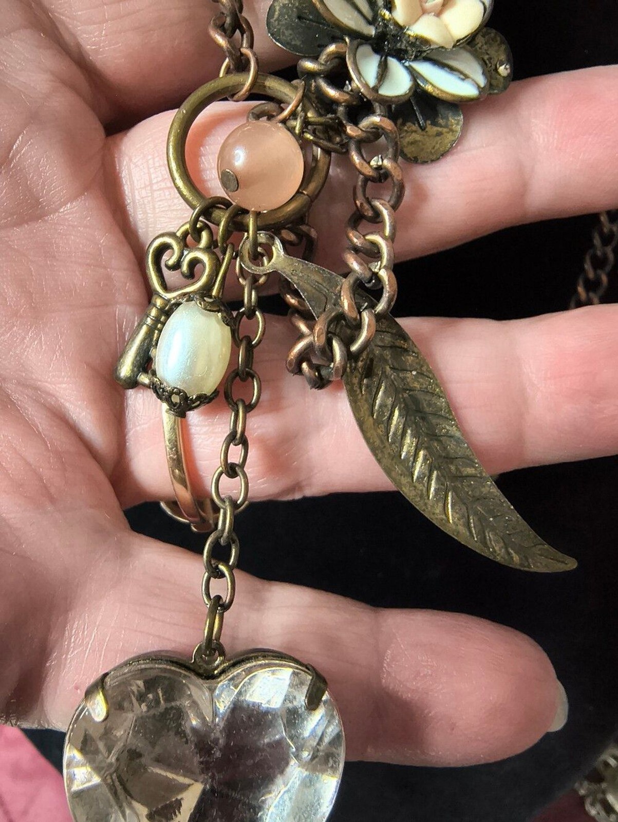 Vintage Romantic Cottagecore Charm Necklace Antique Copper Pink Glass Flower