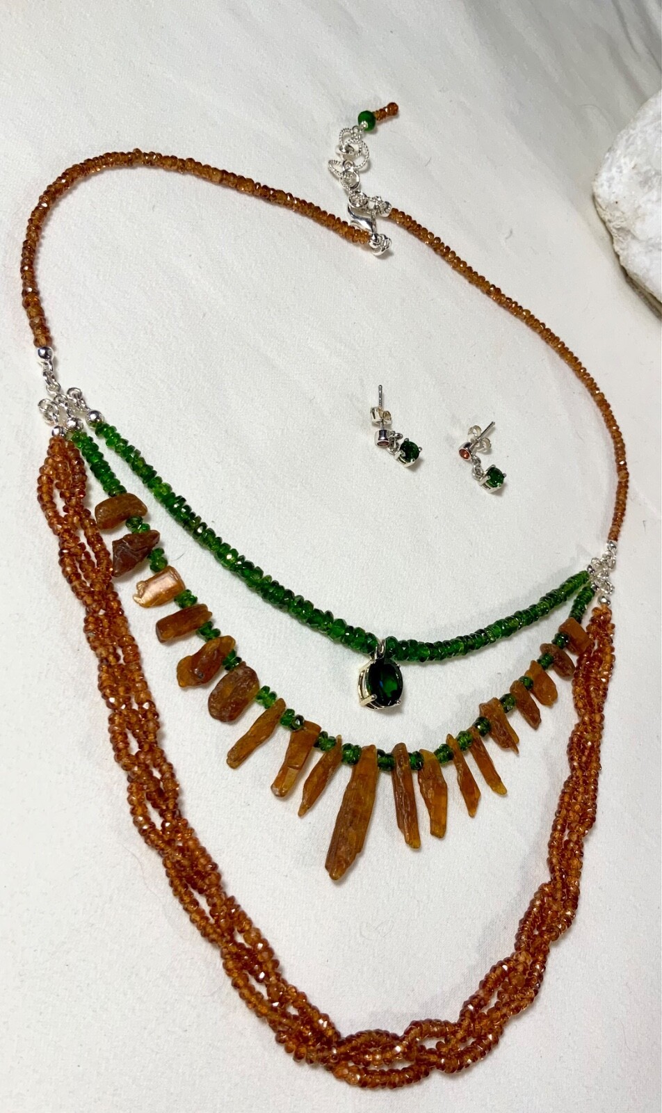 SS .925 SPESSARTINE KYANITE CHROME DIOPSIDE 3 STRAND NECKLACE EARRINGS