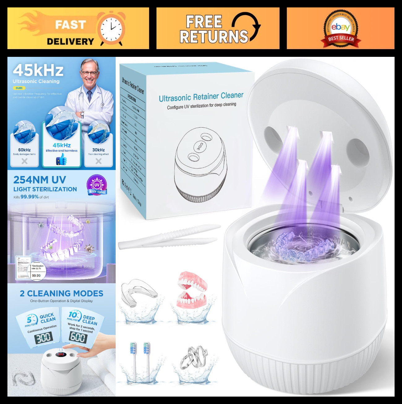 Ultrasonic Dental Cleaner Machine 45kHz with Timer & 200ML for Dentures, Aligner