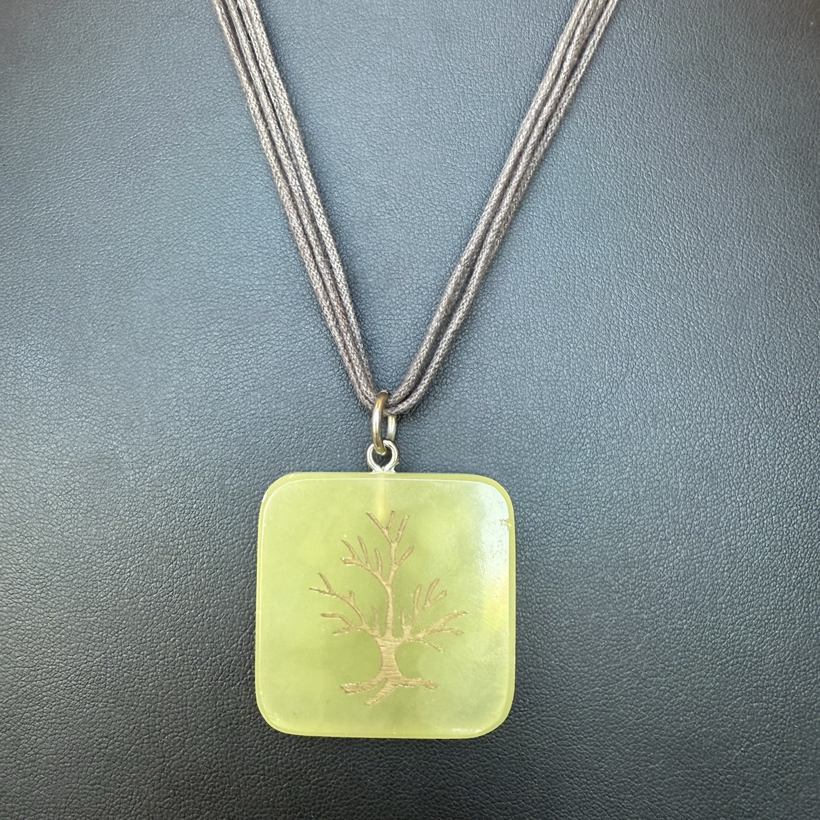 Unique Carved Tree In Green Stone Square Pendant Necklace Brown Adjustable Cord
