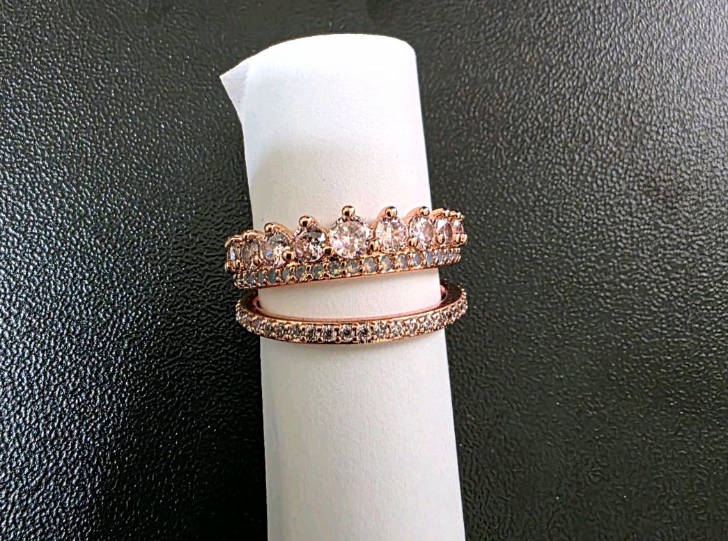 Rose Gold Cubic Zirconia Halo and Pavé Stacking Ring – Size 7
