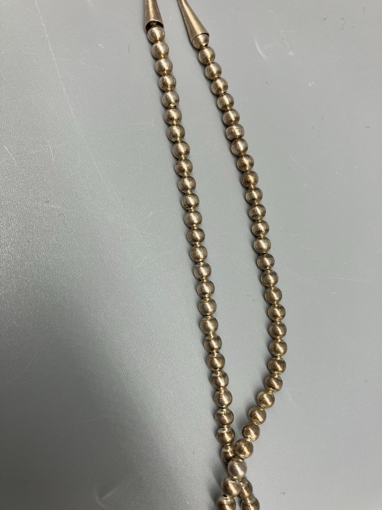 SILVER BEAD AND TURQUOISE NECKLACE 19 1/2 INCHES LONG