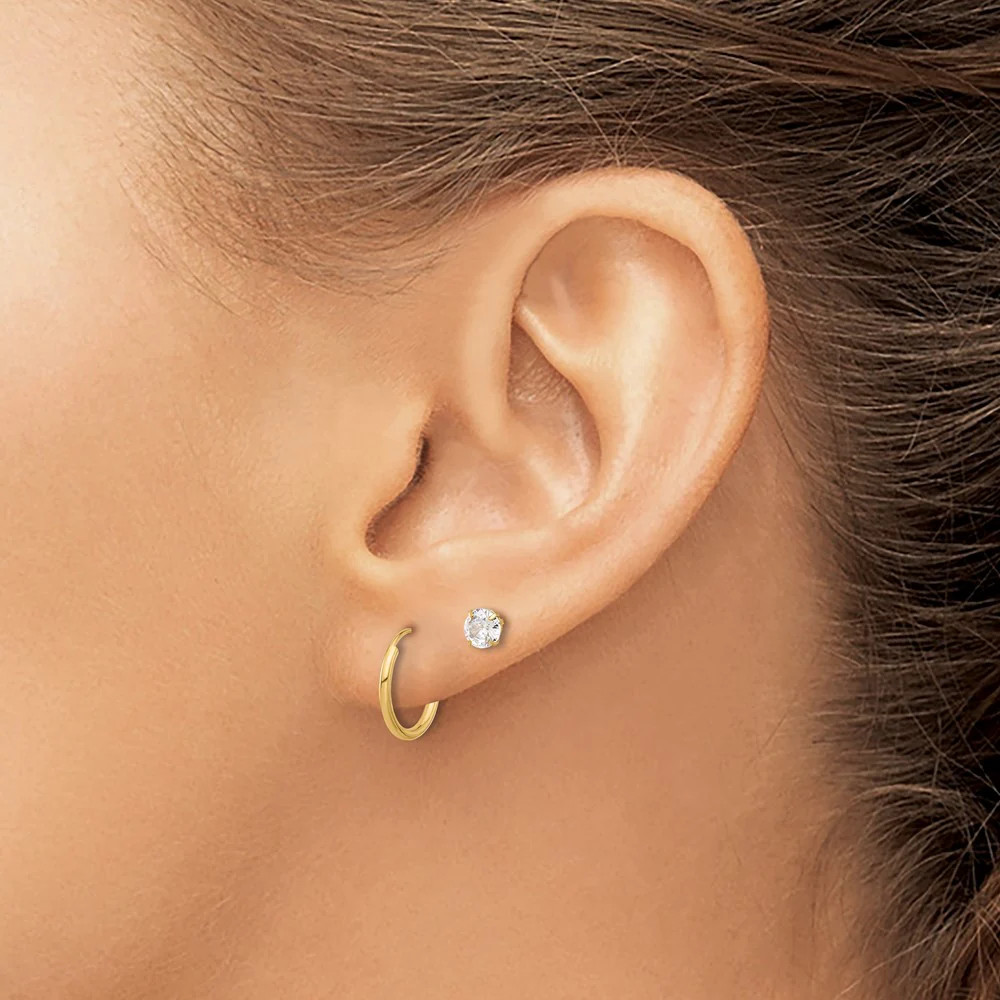 14K Yellow Gold Polished CZ Studs And Small Endless Hoop Earring Set