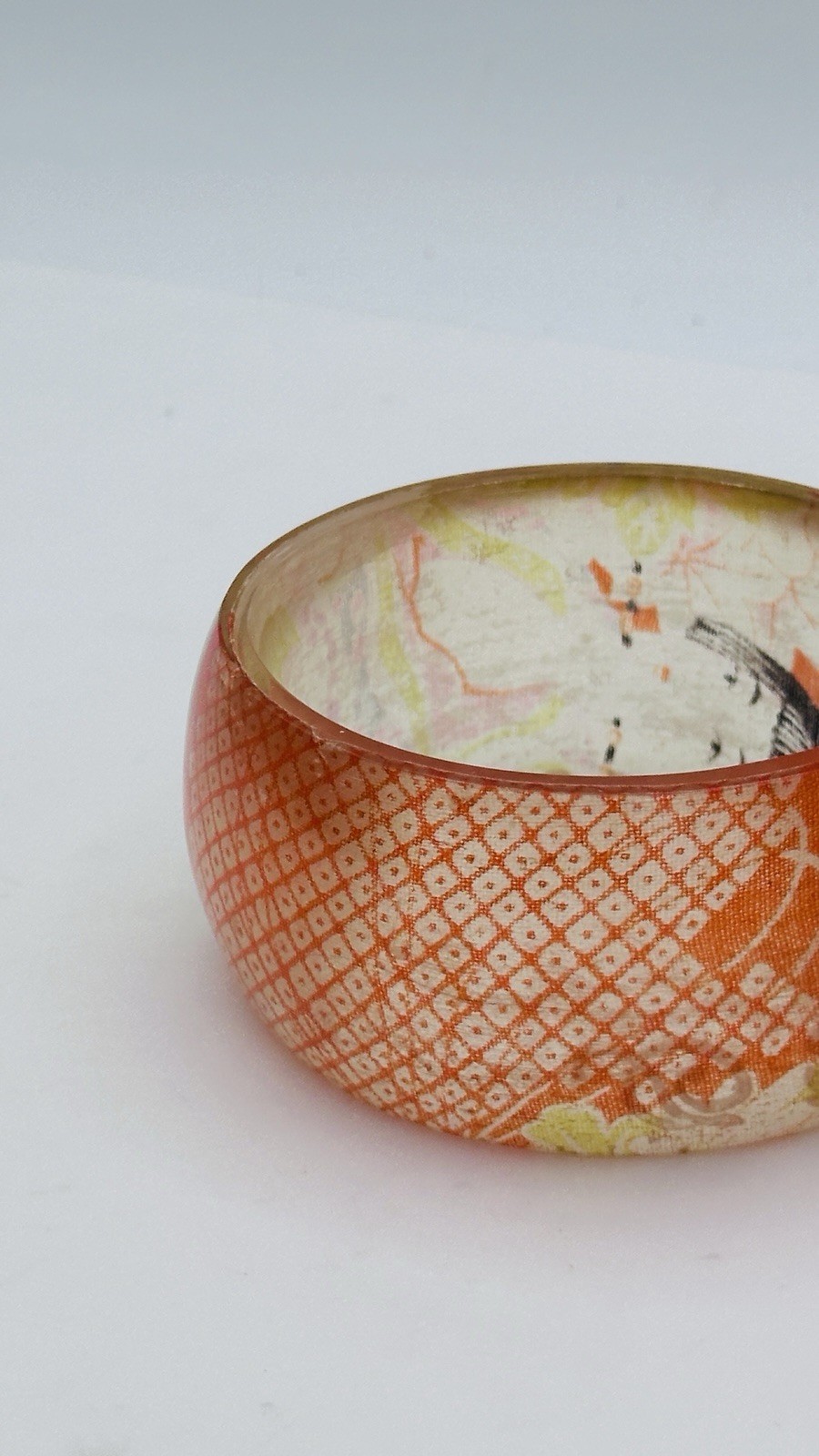 Vintage Signed Asian Geisha Decoupage Lucite Wide Bangle Bracelet Orange