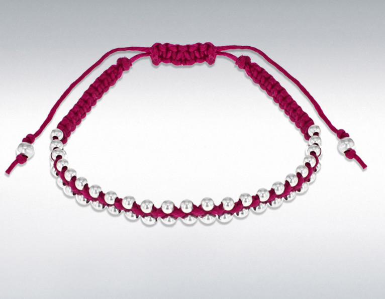STERLING SILVER 2.5MM BALLS FUCHSIA CORD ADJUSTABLE BRACELET 17CM/6.5″-25.5CM/10