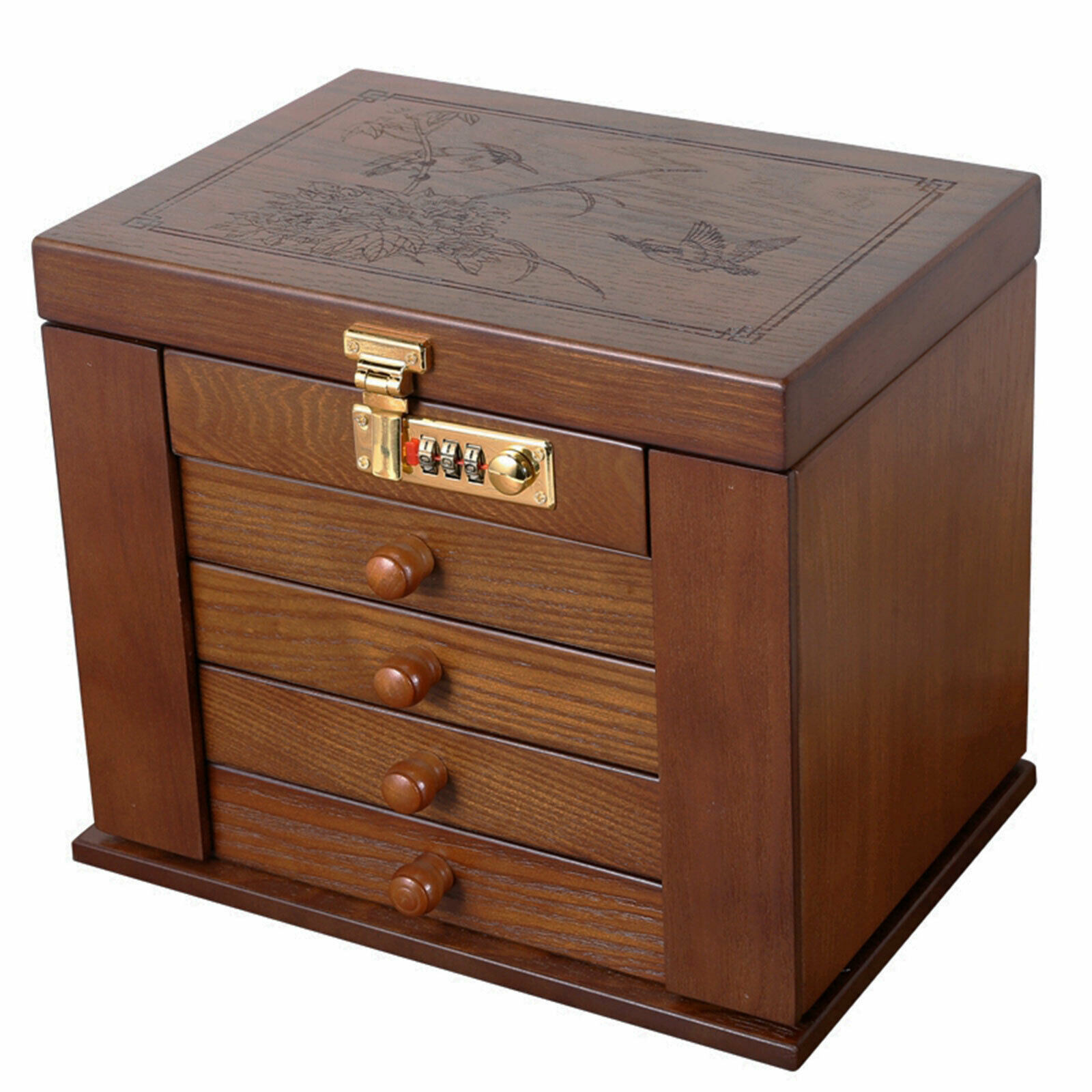 5 Layers Vintage Large Jewelry Organizer Wooden Storage Box Case with 4 Drawers