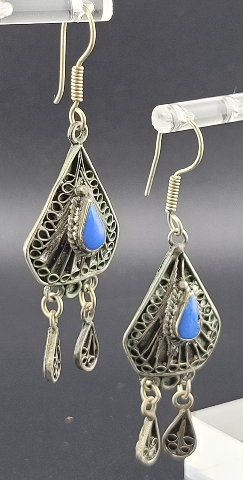 Vintage East India Blue Glass Stone Nickle Silver Chandelier Statement Earrings