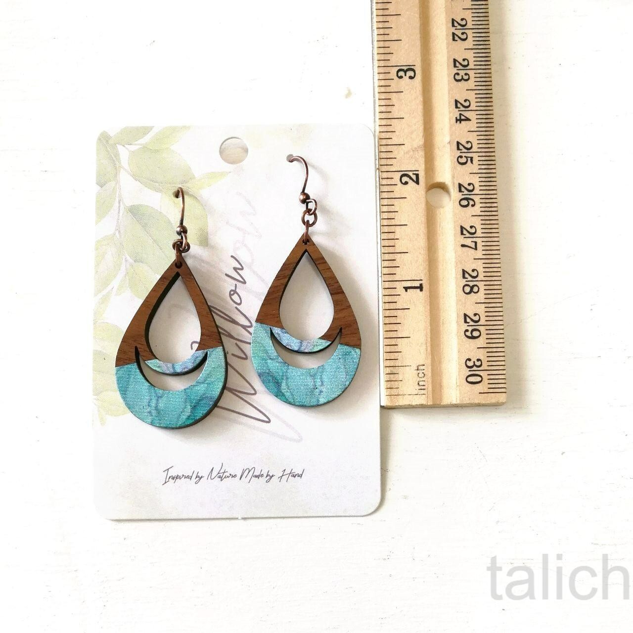 DC Designs Cutout Walnut Wood Teardrop Earrings with Aqua Blue Art Print D39W