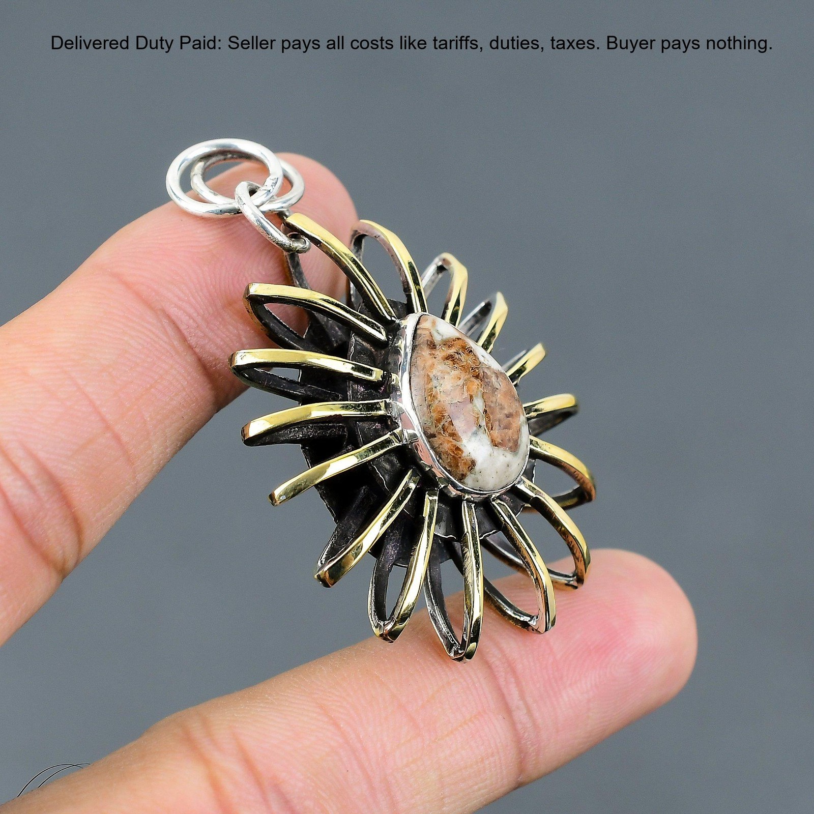 Spessartine Garnet in Limestone Gemstone 925 Silver Cage 18K Gold Plated Pendant