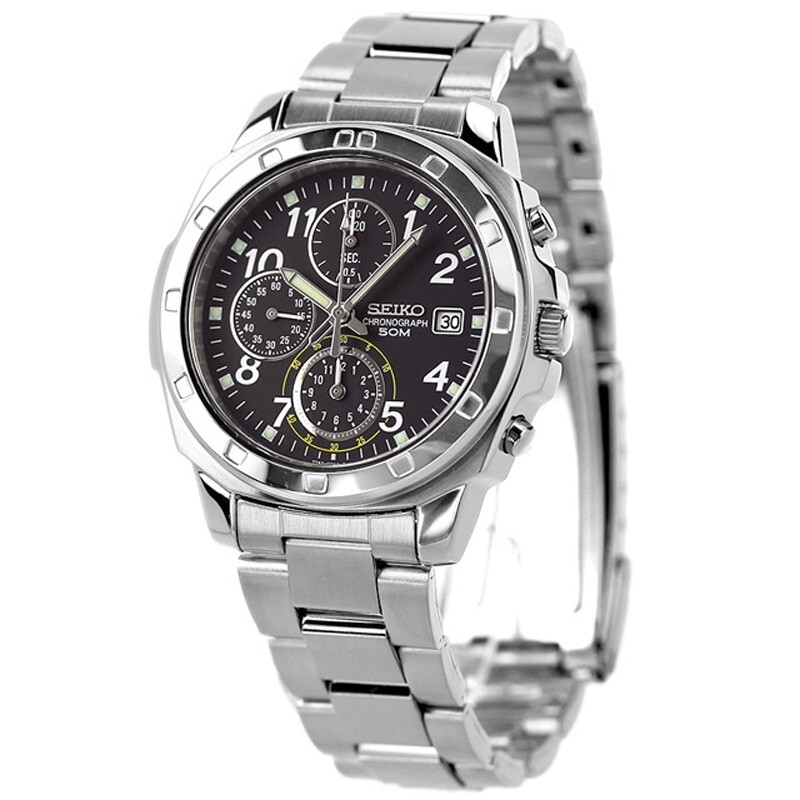 Seiko Chronograph SND195P1 SND195P Black Dial Stailess Steel Men Watch NEW BOX