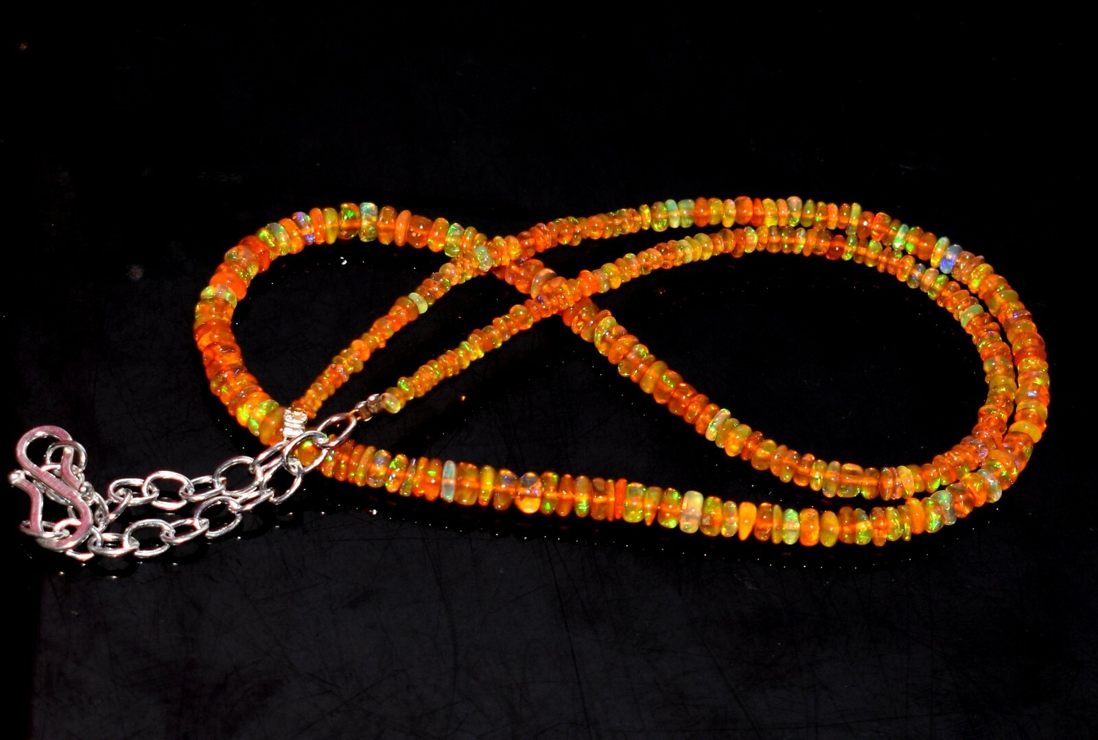 16″Natural Ethiopian Orang Opal Wello Fire Opal Gemstone Beads Necklace
