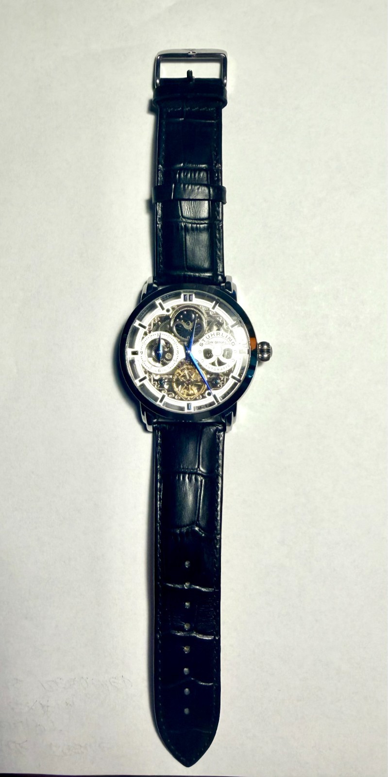 Stuhrling Original 42mm Silver Stainless Steel Case with Black Leather Band…