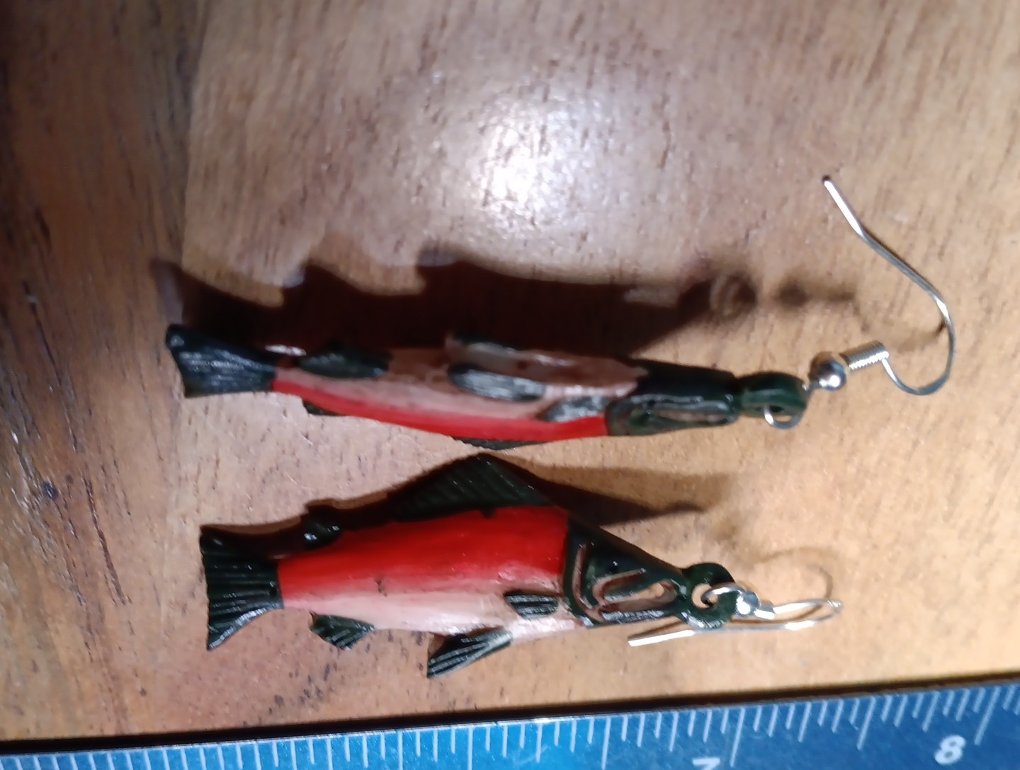 HANDMADE CARVED WATER BUFFALO BONE RED SALMON EARRINGS ALASKA BONEYARD