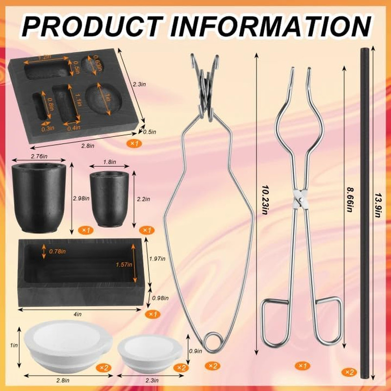 13Pcs Graphite Torch Melting Casting Kit, 5-In-1 Ingot Mold Crucibles Tongs | Qu