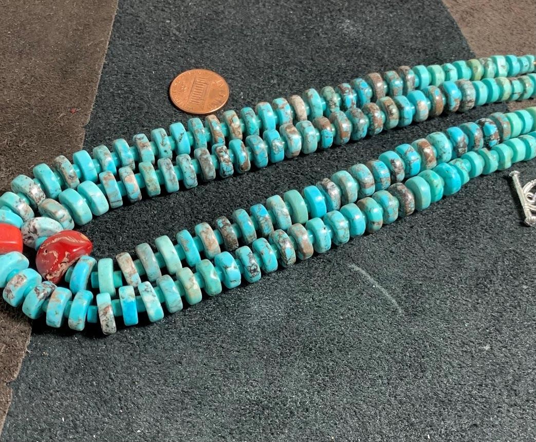 Gorgeous old looking Tibetan turquoise/red coral necklace// (b108a1-w2)