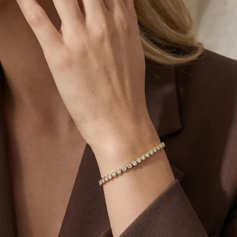 Natural Diamond Women’s Tennis Bracelet Bezel Style In 14k Solid Yellow Gold