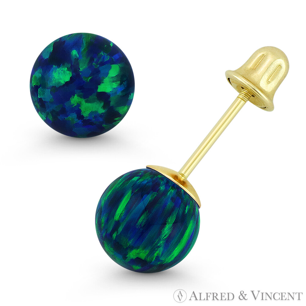 Fiery Peacock Blue Synthetic Opal 14k Yellow Gold Screwback Ball Stud Earrings